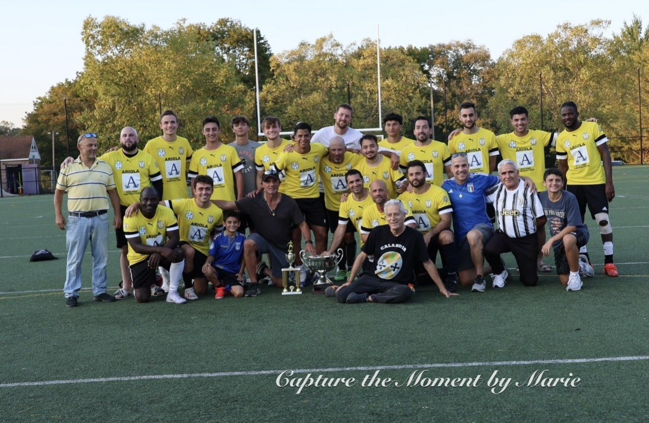 Catanzaro S.C. squad photograph with trophies, Stamford Italian Soccer League