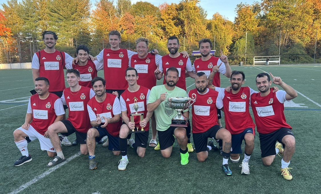 Settefratese S.C. squad photograph with the championship trophy, Stamford Italian Soccer League