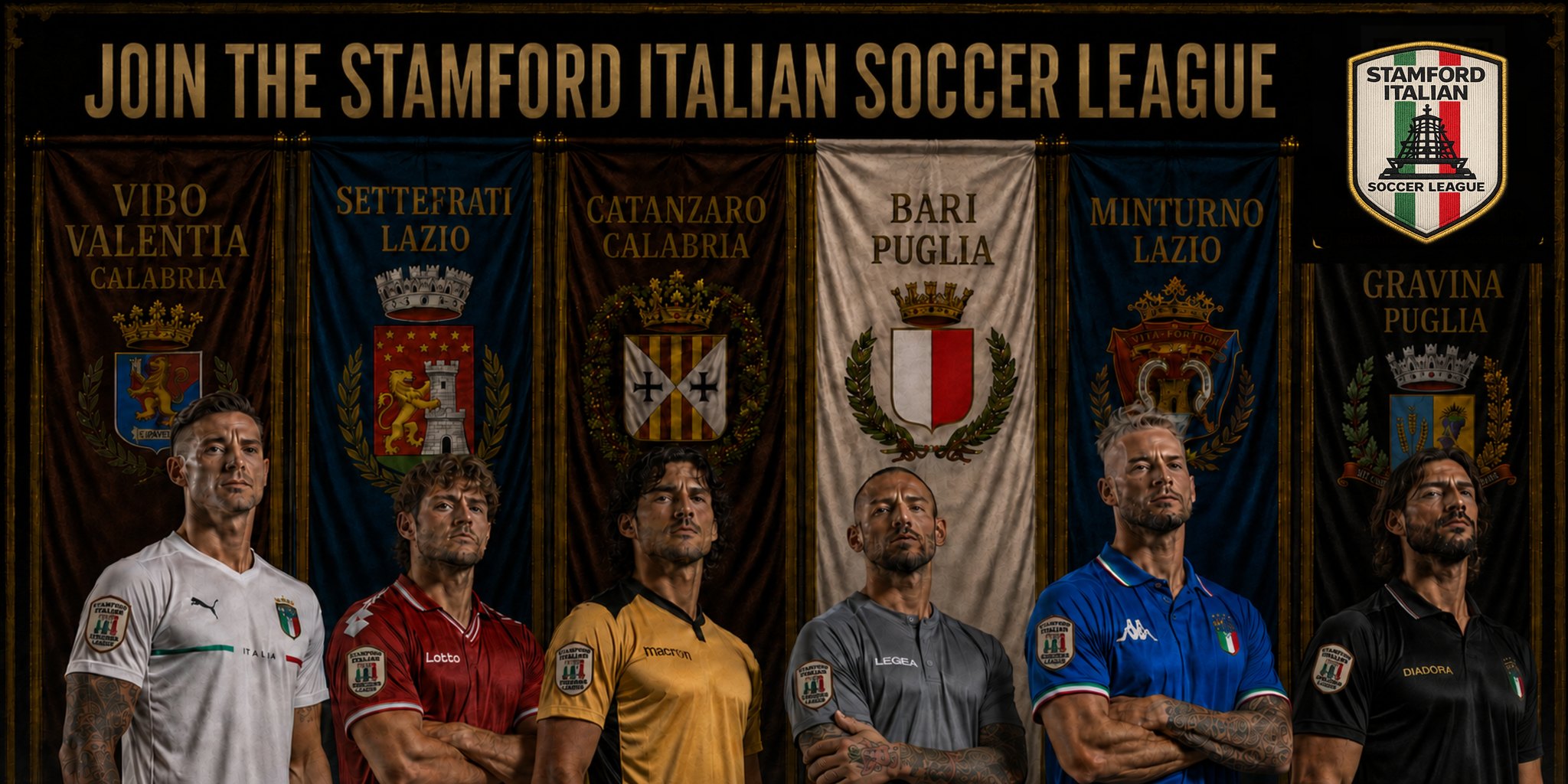 Join the Stamford Italian Soccer League. The six club kits of the 2026 season shown beneath their province crests: Vibo Valentia in Calabria, Settefrati in Lazio, Catanzaro in Calabria, Bari in Puglia, Minturno in Lazio and Gravina in Puglia.