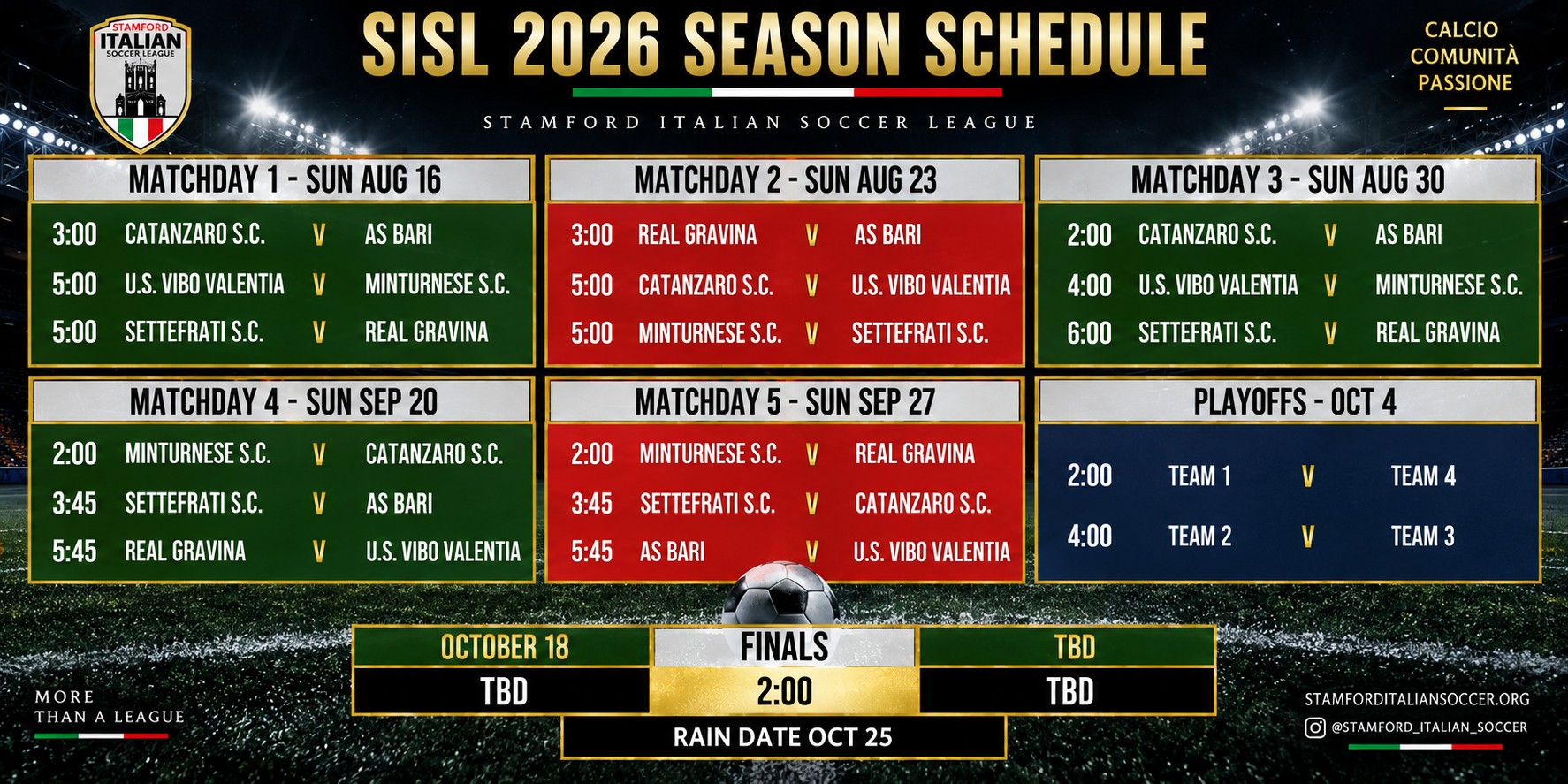 Stamford Italian Soccer League 2026 season schedule graphic. The full fixture list is set out in text below this image.