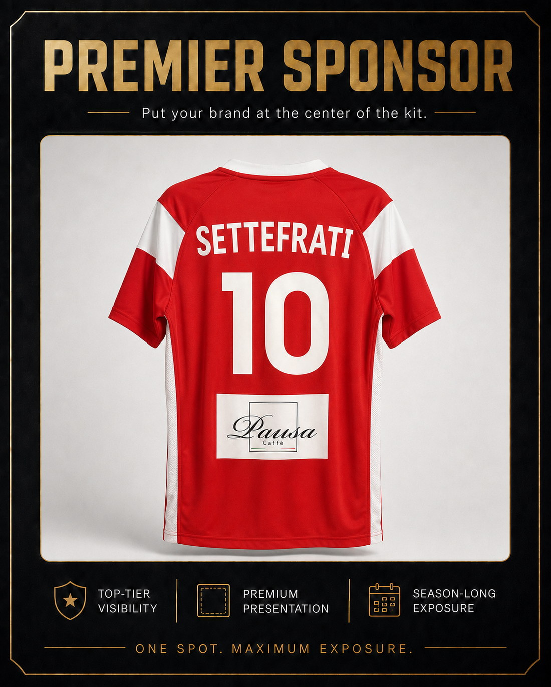 Premier Sponsor placement — Pausa Caffè logo on the back of a matchday jersey
