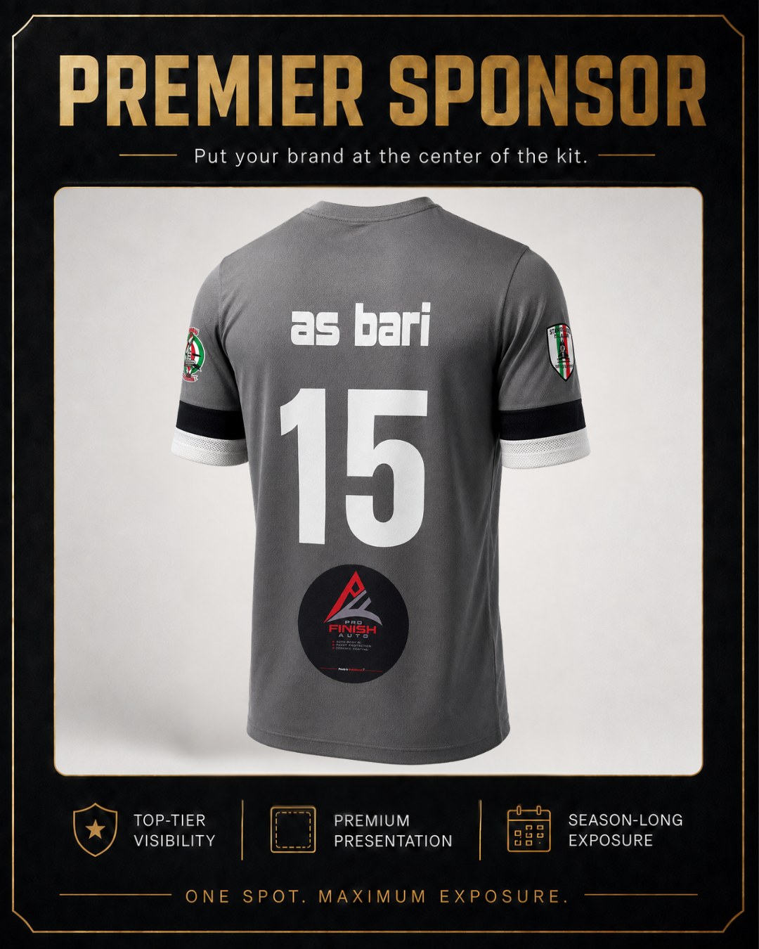 Premier Sponsor placement — Pro Finish Auto logo on the back of an AS Bari jersey