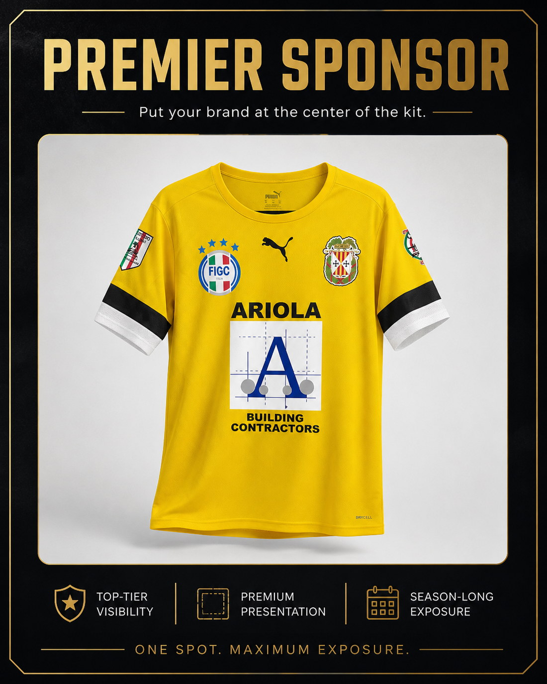 Premier Sponsor placement — Ariola Building Contractors logo on the front of a matchday jersey