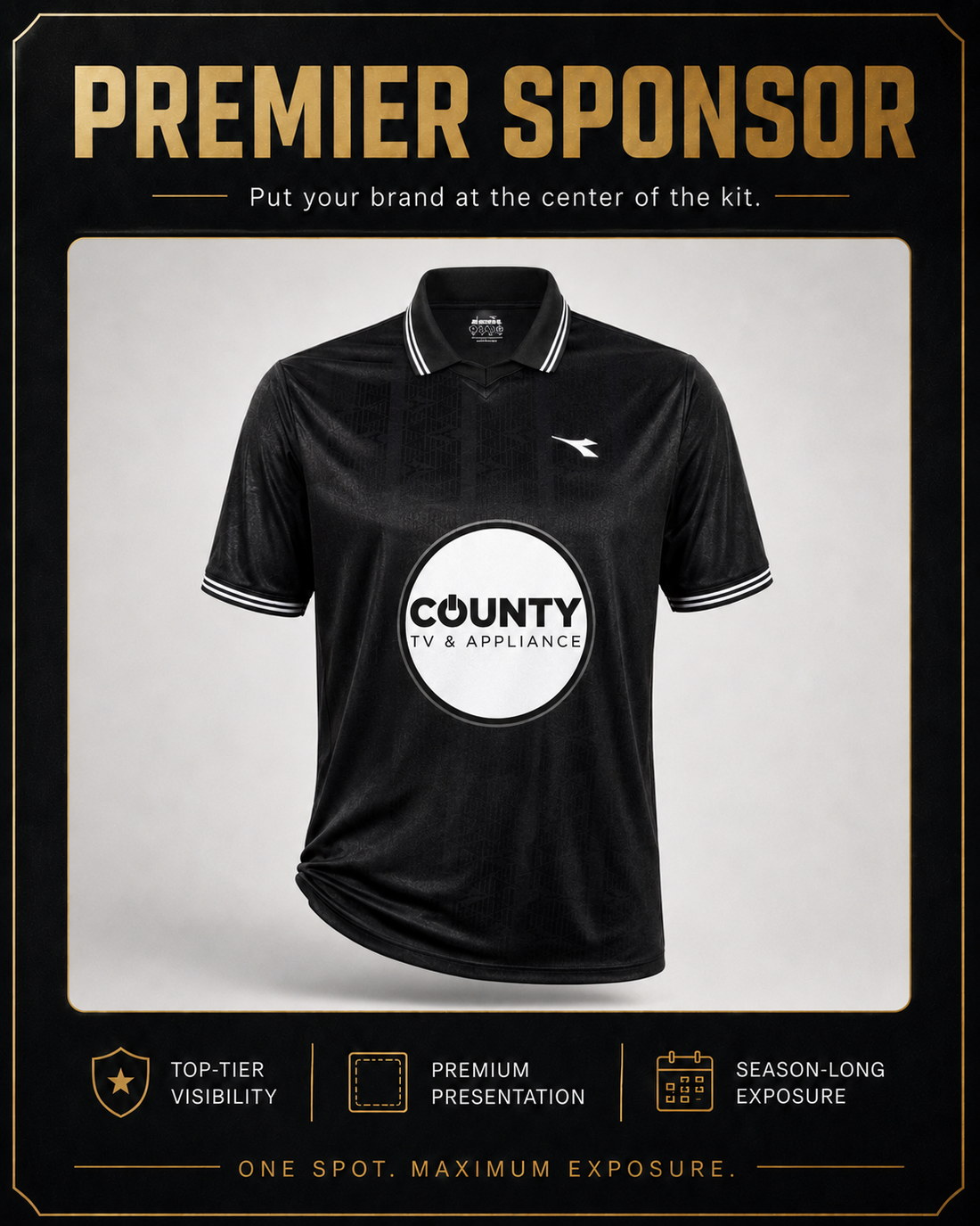 Premier Sponsor placement — County TV & Appliance logo on the front of a matchday jersey