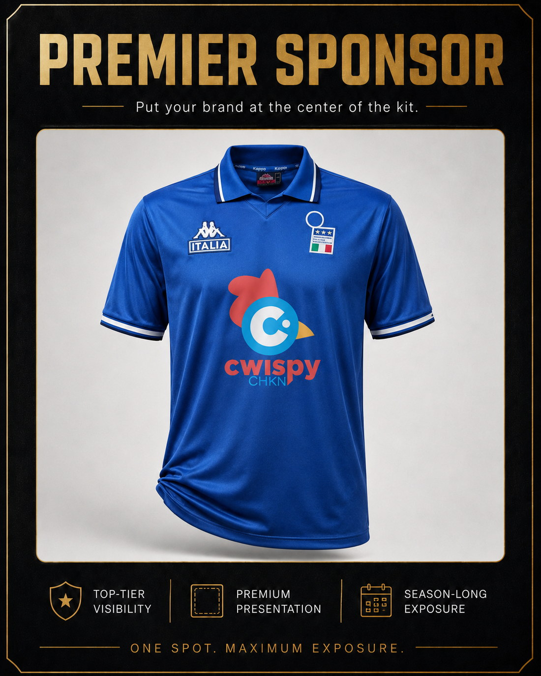 Premier Sponsor placement — Cwispy CHKN logo on the front of a matchday jersey