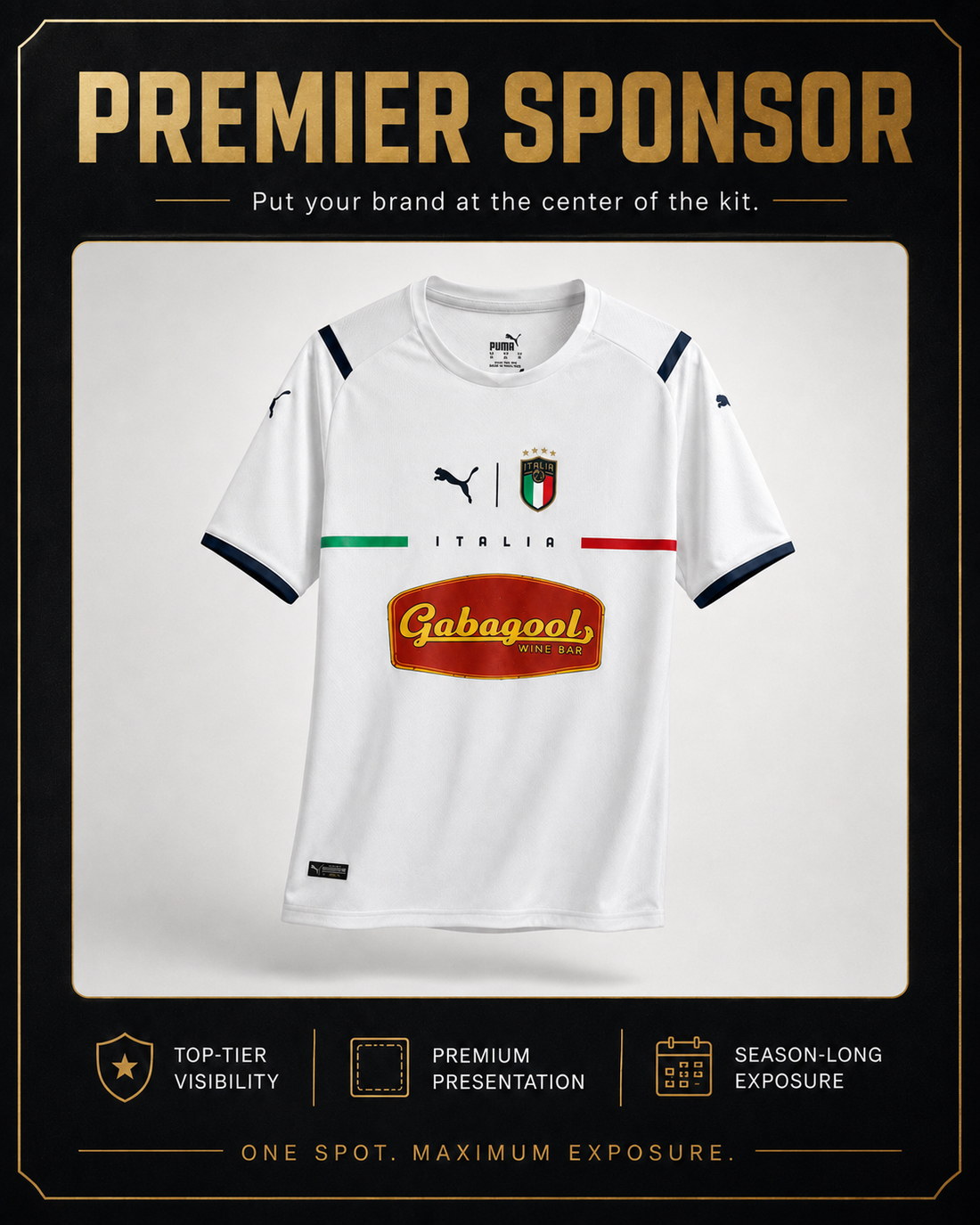 Premier Sponsor placement — Gabagool Wine Bar logo on the front of a matchday jersey
