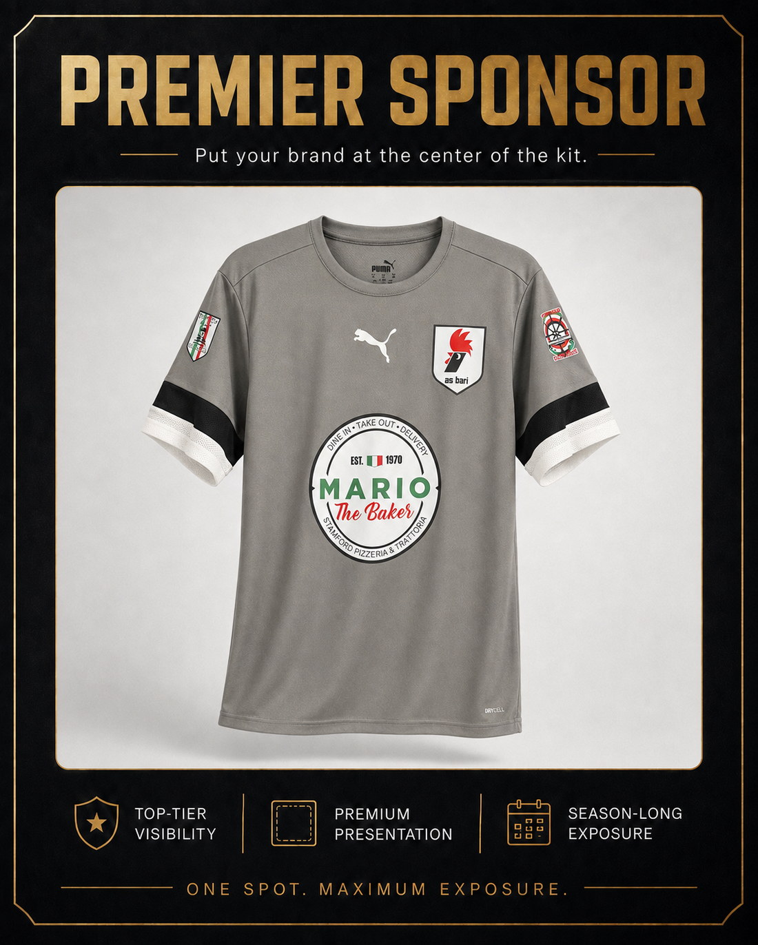 Premier Sponsor placement — Mario the Baker logo on the front of an AS Bari matchday jersey