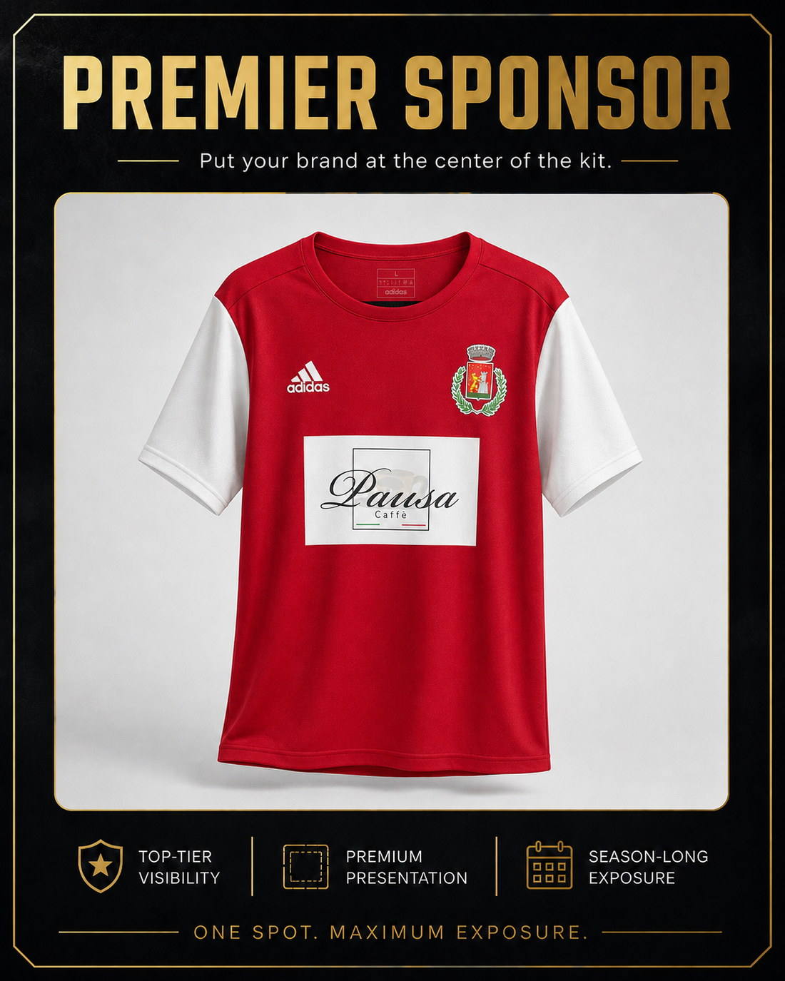 Premier Sponsor placement — Pausa Caffè logo on the front of a matchday jersey