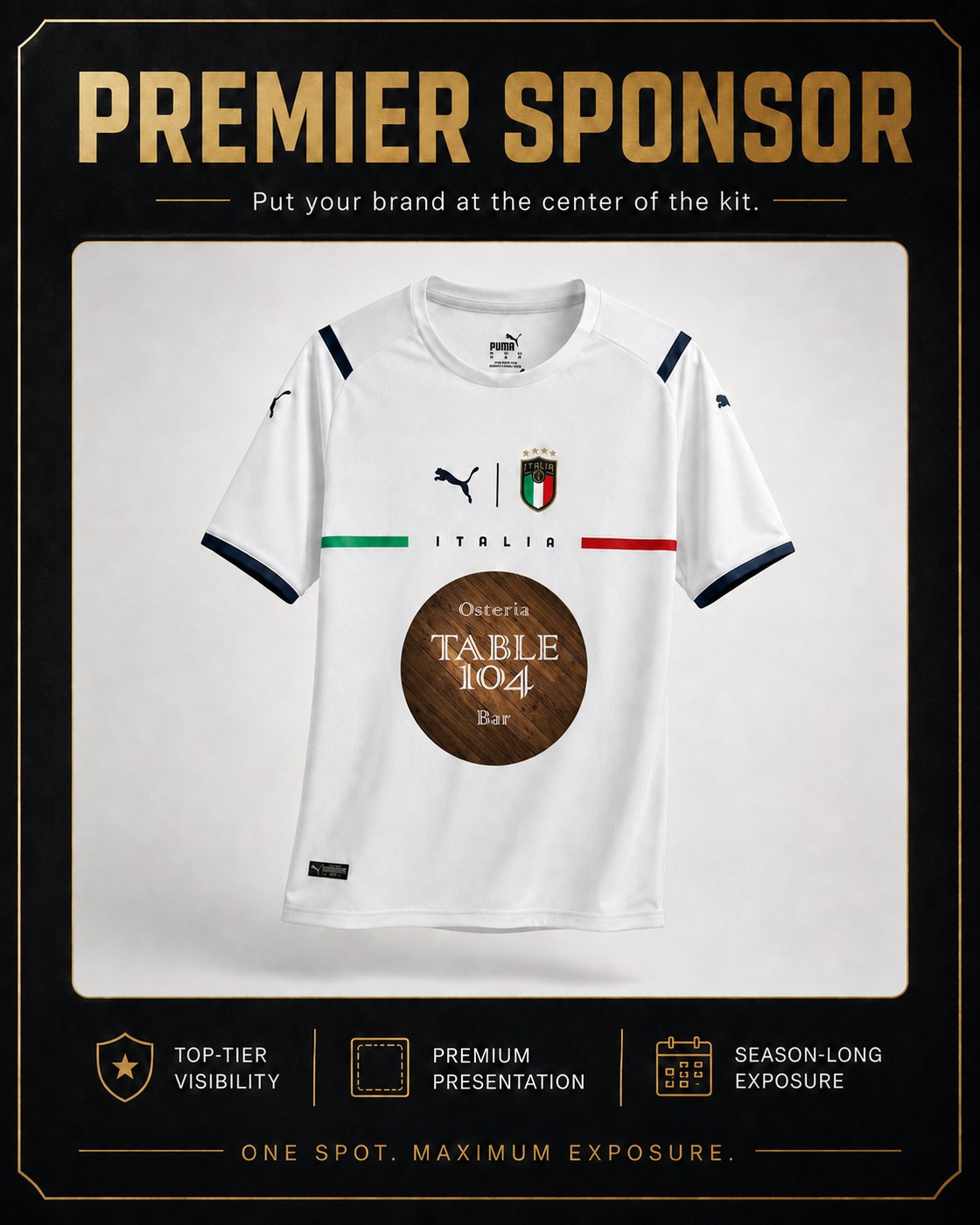 Premier Sponsor placement — Osteria Table 104 logo on the front of a jersey
