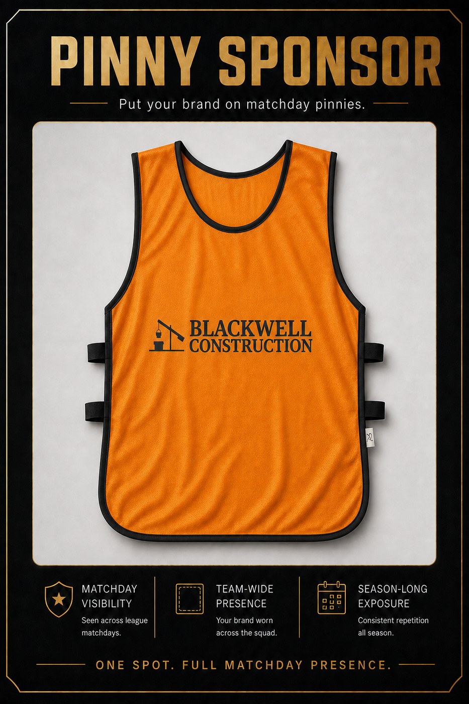 Pinny Sponsor placement — Blackwell Construction logo on a matchday pinny