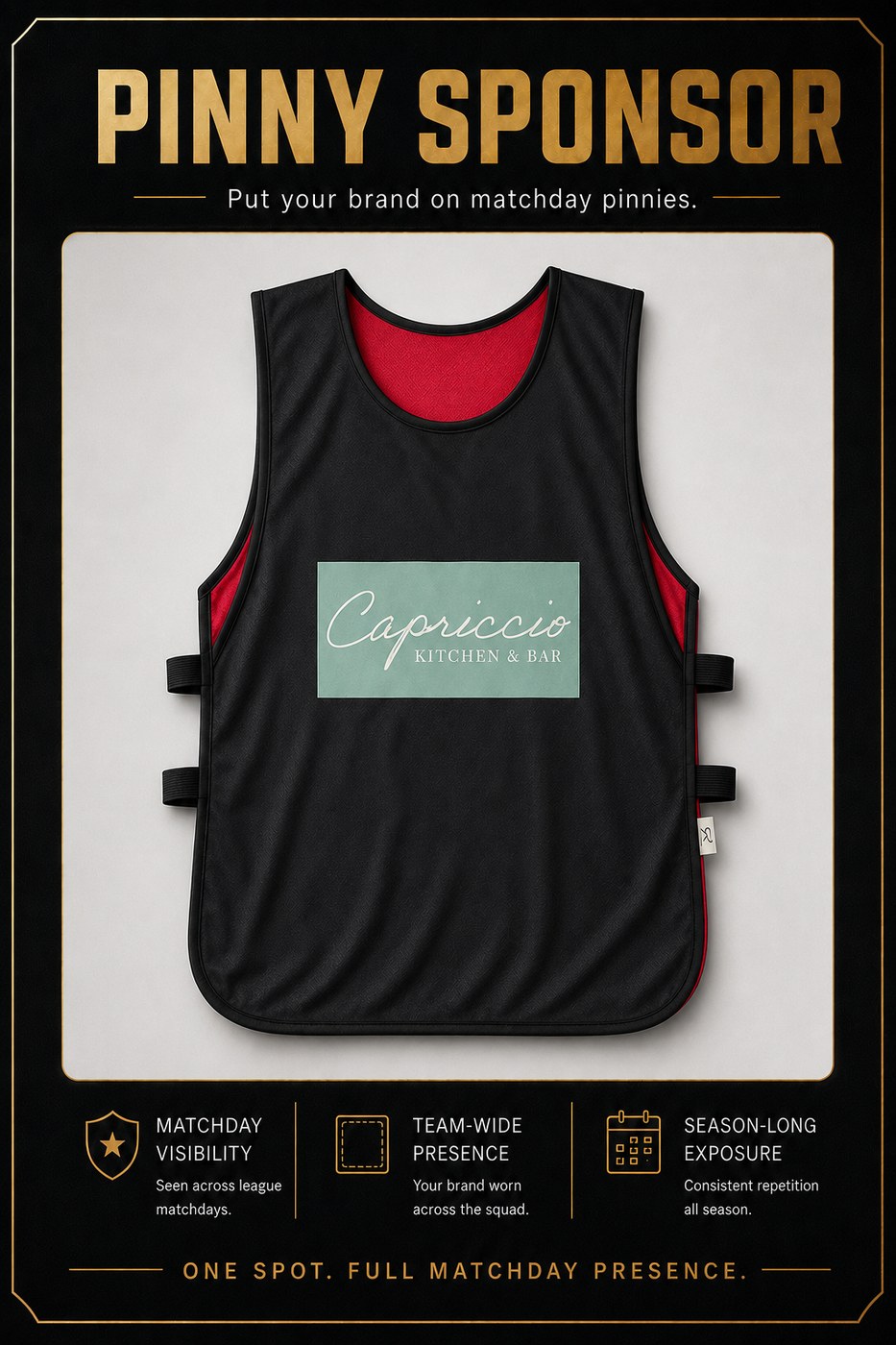 Pinny Sponsor placement — Capriccio Kitchen & Bar logo on a matchday pinny