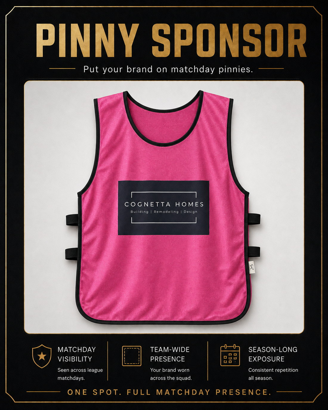 Pinny Sponsor placement — Cognetta Homes logo on a matchday pinny