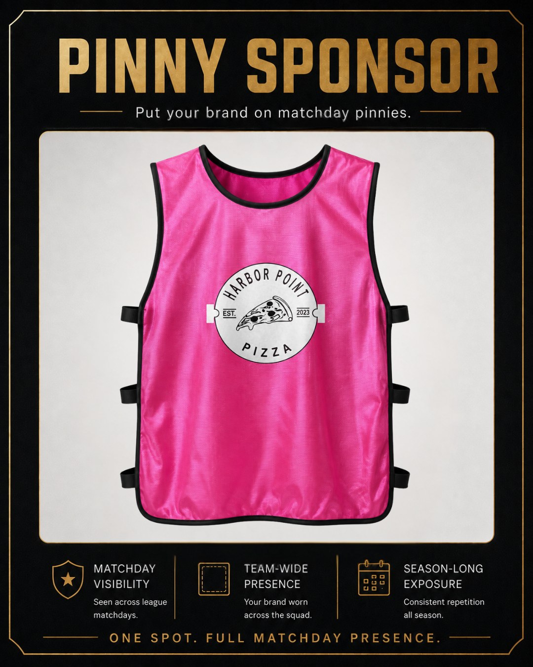 Pinny Sponsor placement — Harbor Point Pizza logo on a matchday pinny