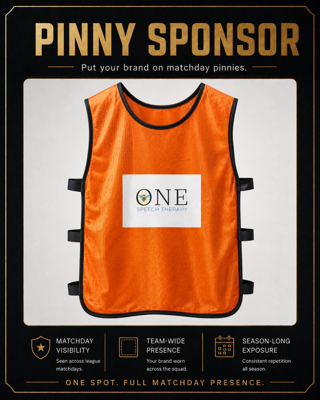 Pinny Sponsor placement — ONE Speech Therapy logo on a matchday pinny