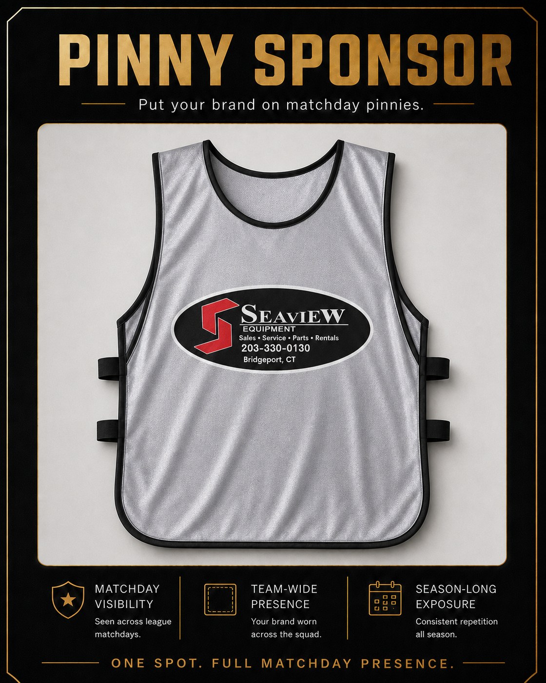 Pinny Sponsor placement — Seaview Equipment logo on a matchday pinny