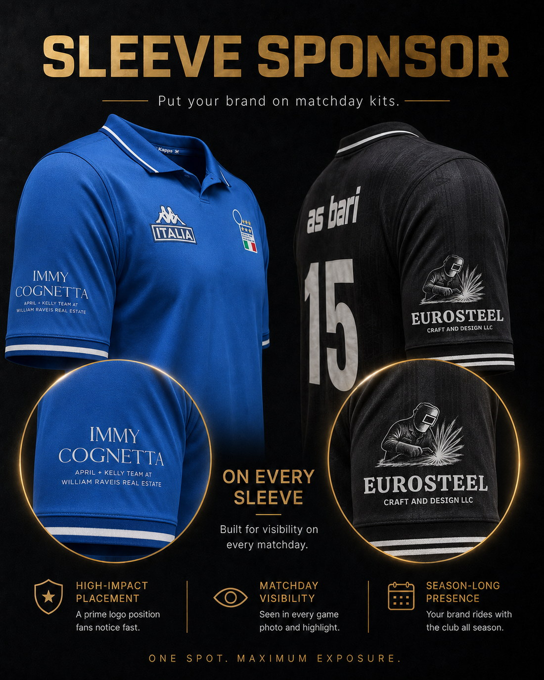 Sleeve Sponsor placement — Immy Cognetta and Eurosteel Craft and Design LLC logos on matchday kit sleeves