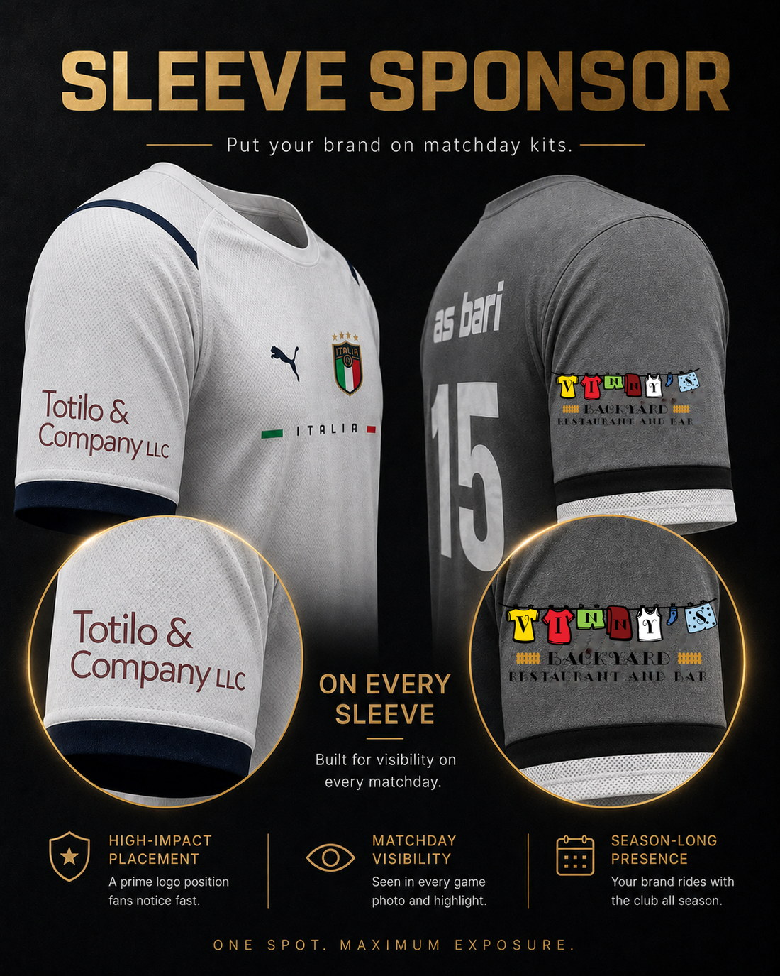 Sleeve Sponsor placement — Totilo & Company LLC and Vinny’s Backyard logos on matchday kit sleeves