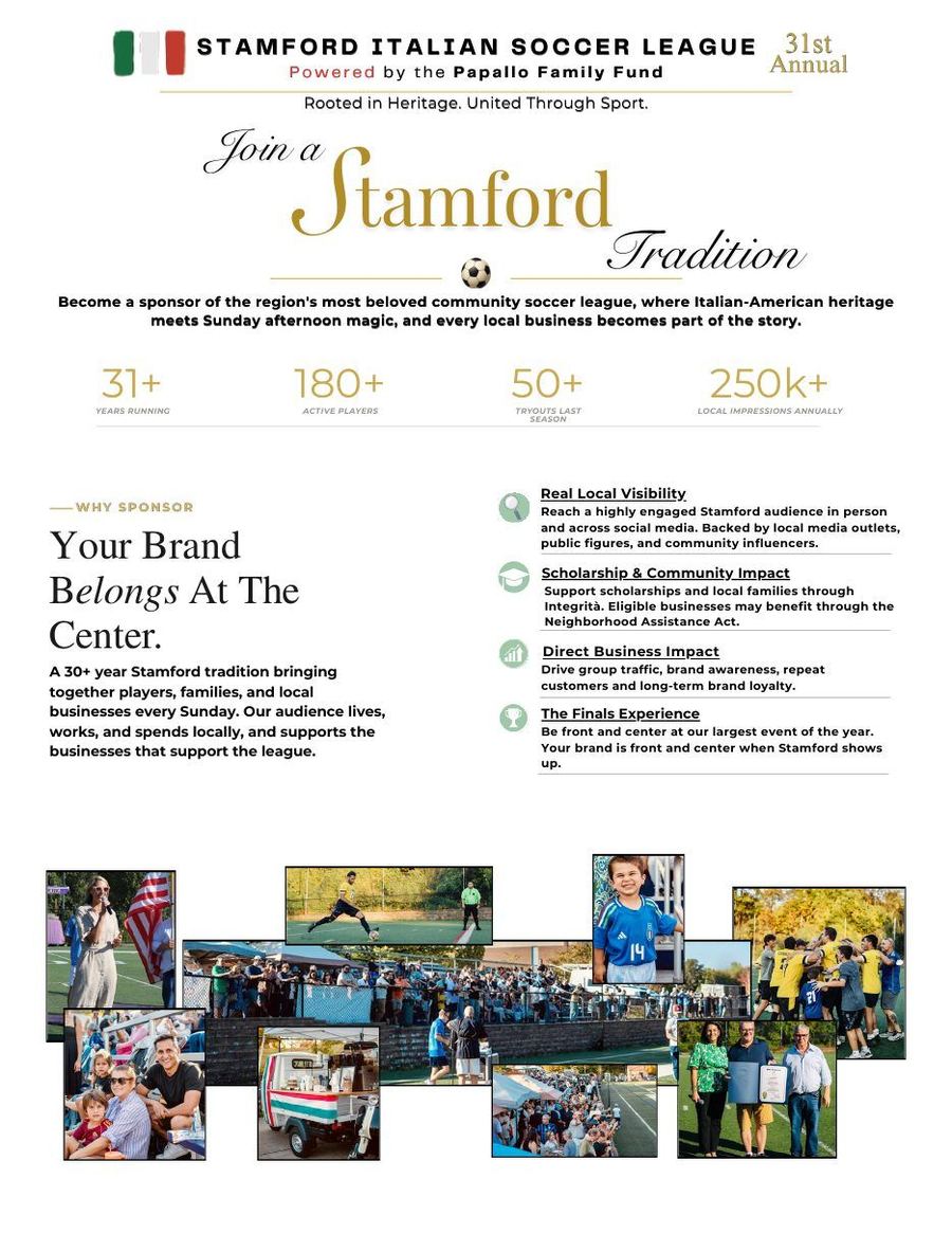 2026 Stamford Italian Soccer League sponsorship kit, page one: Join a Stamford Tradition