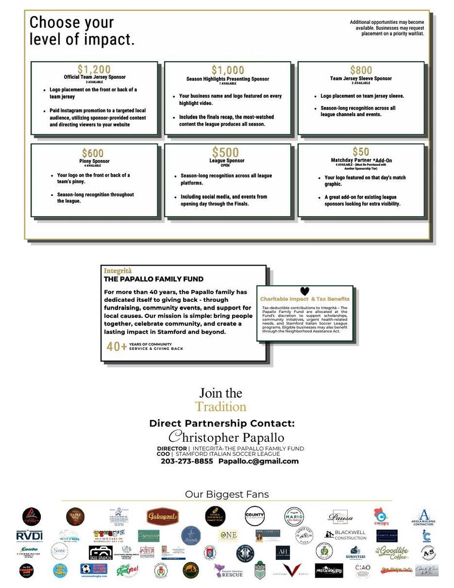 2026 Stamford Italian Soccer League sponsorship kit, page two: Choose your level of impact